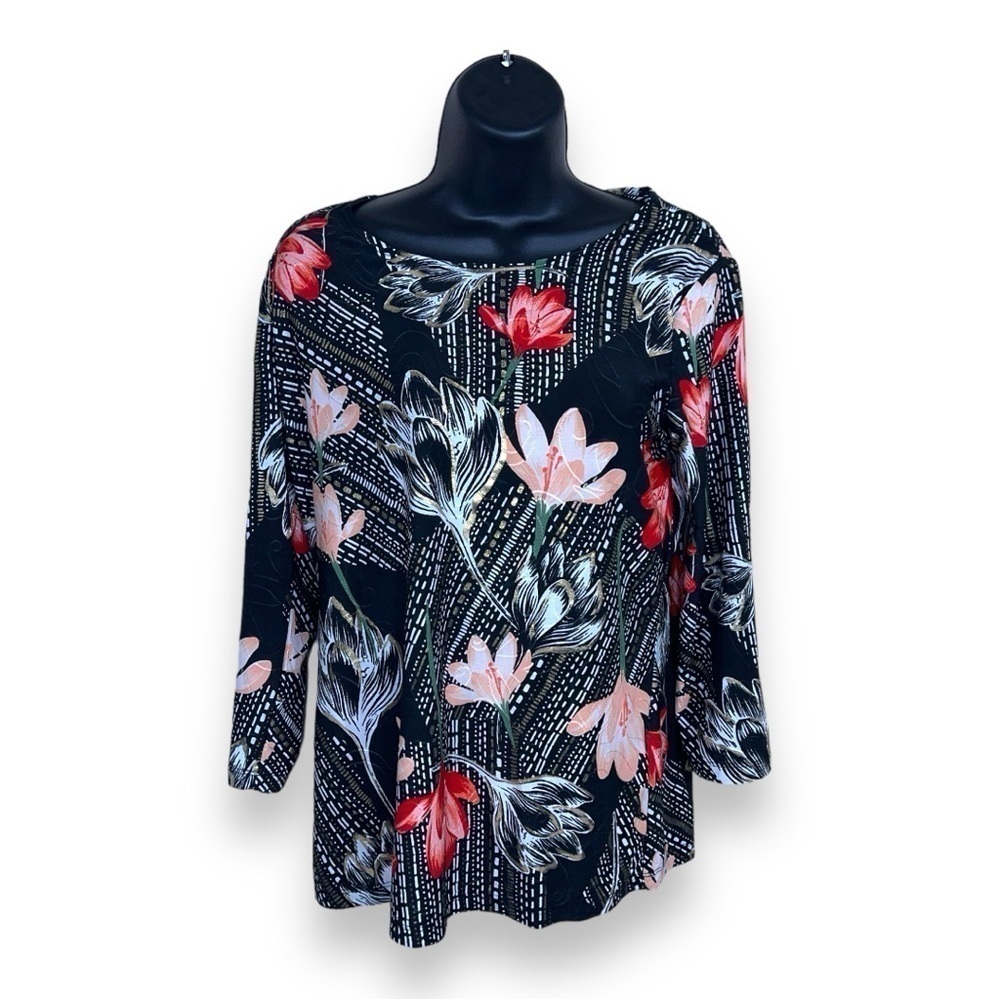 VINTAGE SMALL JM COLLECTION BLOUSE BLACK FLORAL GOLD SHIMMER ACCENT STRETCH
